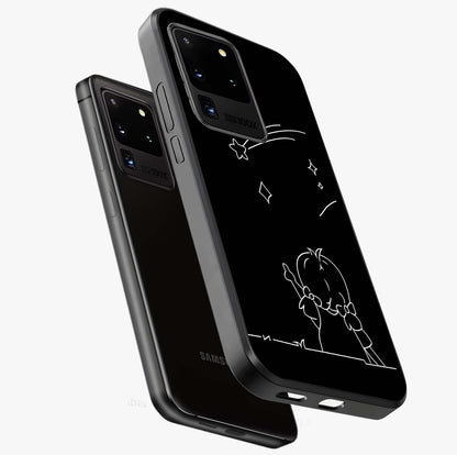 Line Art Girl With Shooting Stars Glass Case displayed in angled mockup highlighting elegant line art design with dreamy star aesthetic.