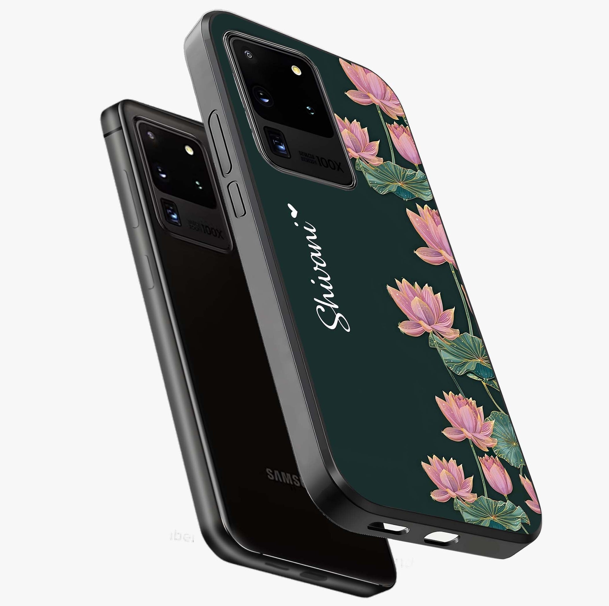 Lotus Bloom Serenity Custom Name Glass Case displayed in angled mockup highlighting graceful lotus illustration with custom name feature.