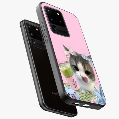Love Matcha Cat Glass Case displayed in angled mockup highlighting playful feline illustration with cozy matcha aesthetic.