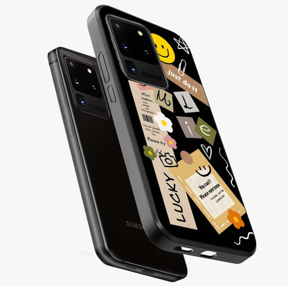 Lucky Aesthetic Collage Glass Case displayed in angled mockup highlighting stylish collage pattern with modern aesthetic vibe.