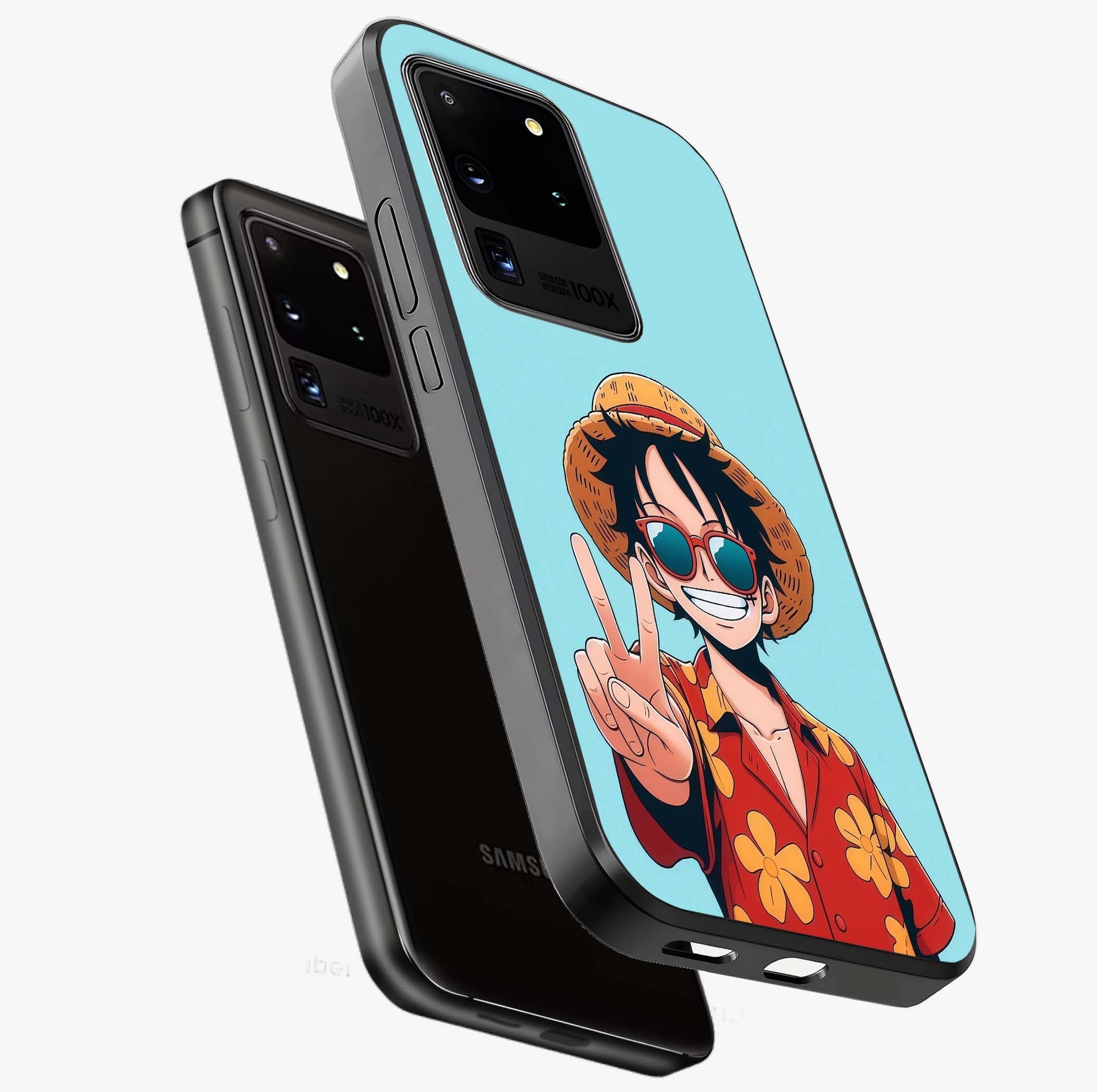 Luffy Summer Anime Vibe Glass Case displayed in angled mockup highlighting energetic anime illustration with summer vibe aesthetic.