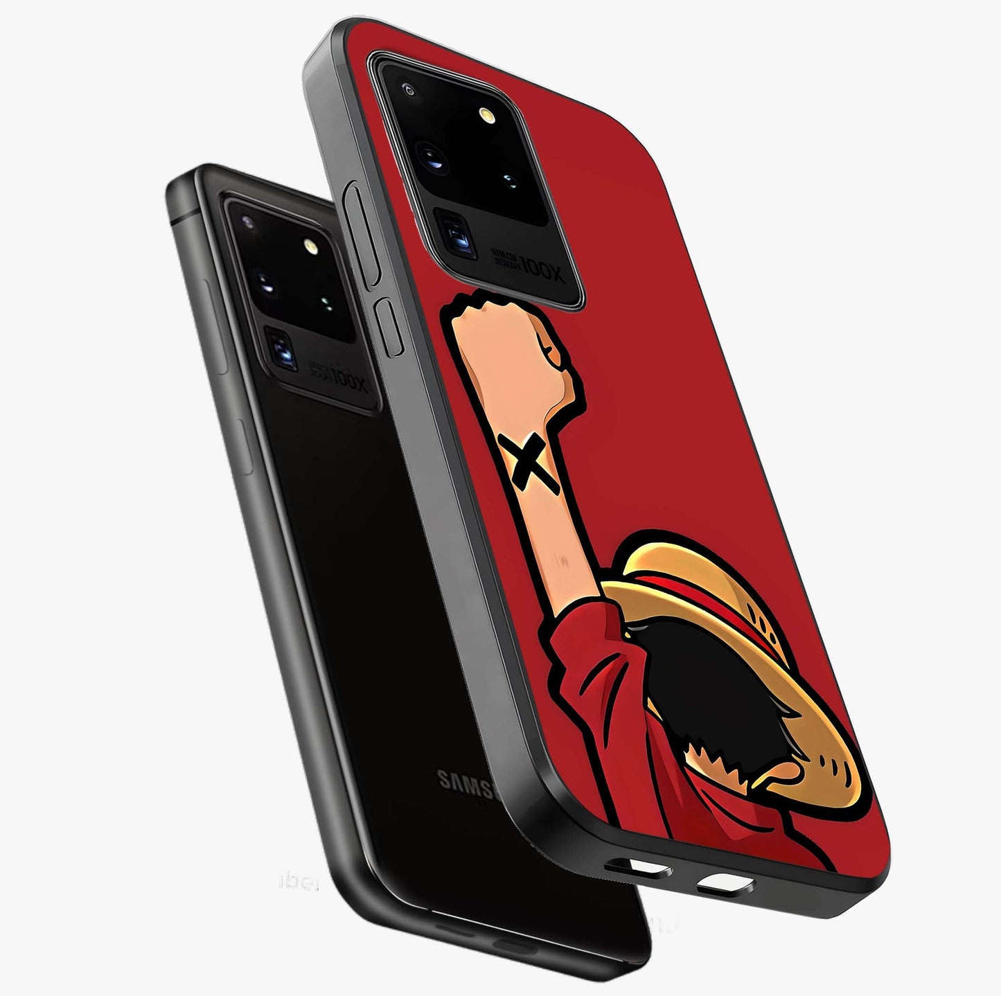 Luffy X Spirit Glass Case displayed in angled mockup highlighting powerful anime design with energetic action aesthetic.