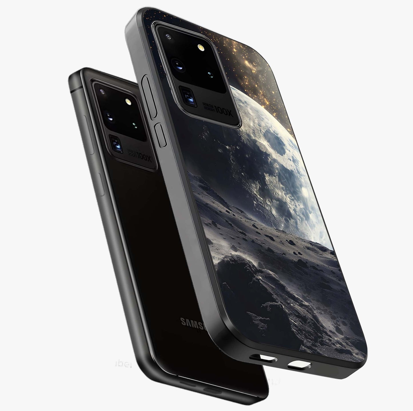 Lunar Horizon Glow Glass Case displayed in angled mockup highlighting celestial moon design with dreamy night aesthetic.