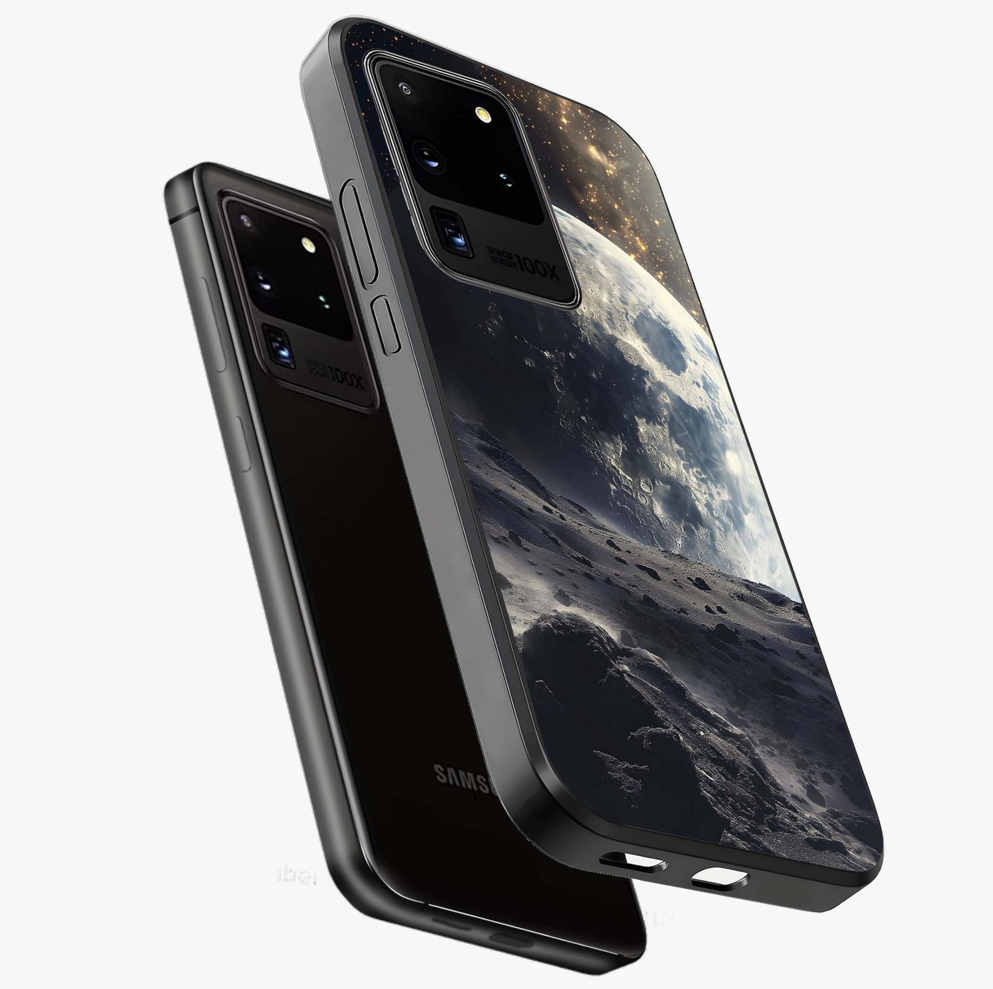 Lunar Horizon Glow Glass Case displayed in angled mockup highlighting celestial moon design with dreamy night aesthetic.