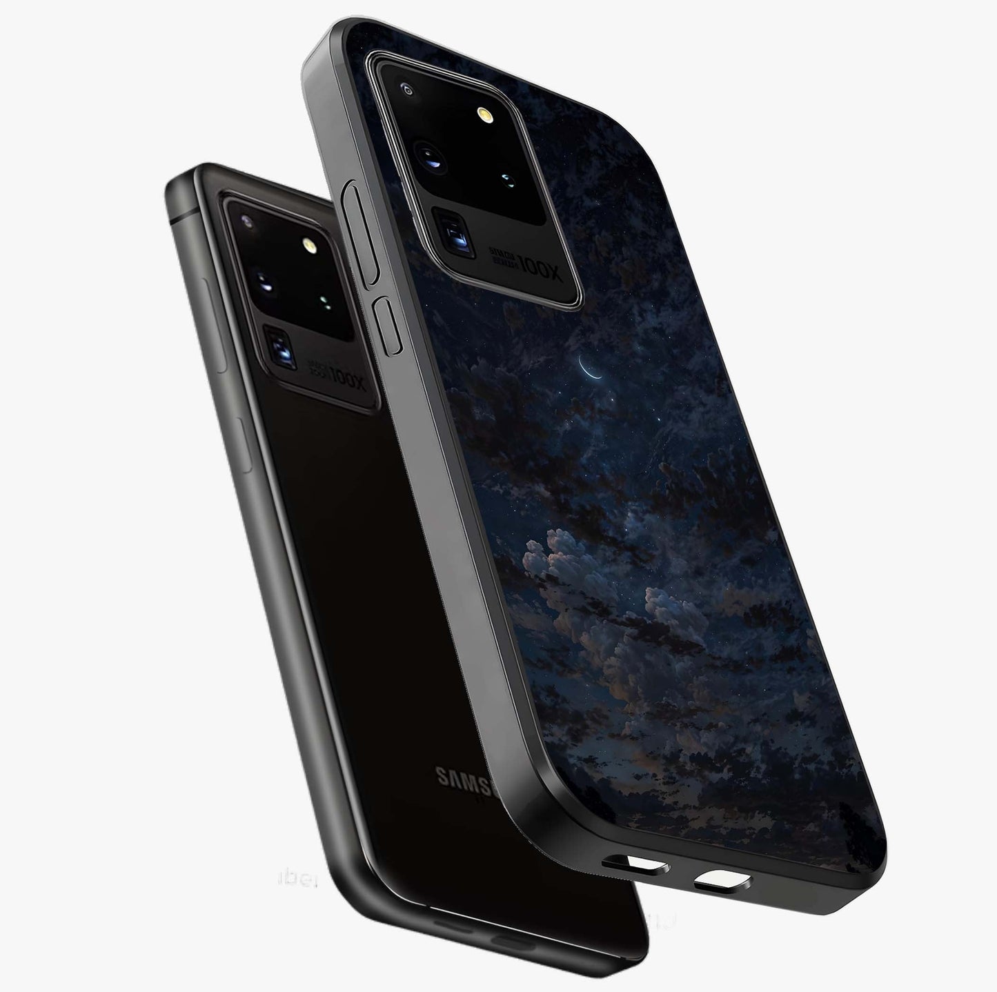 Lunar Veil Silence Glass Case displayed in angled mockup highlighting soft lunar design with peaceful celestial aesthetic.