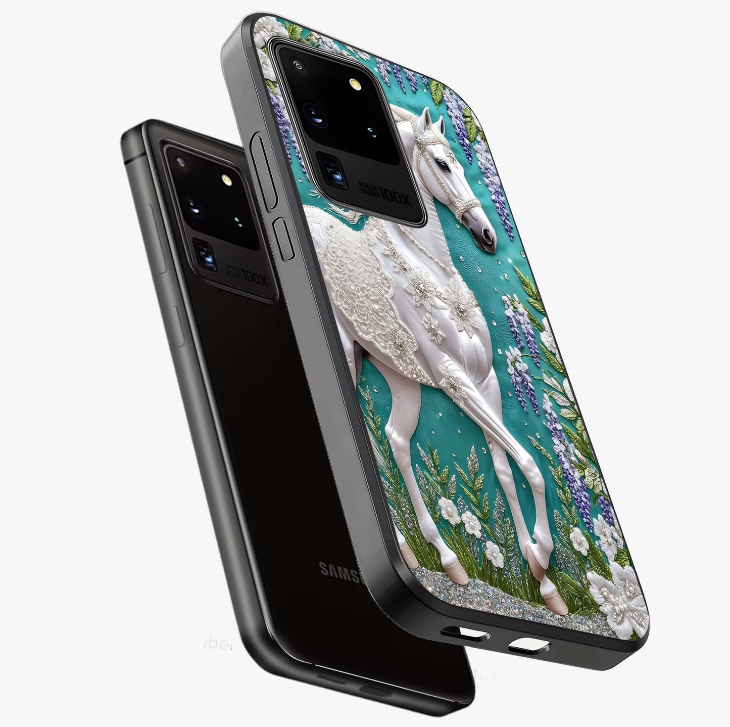 Majestic Floral Stallion Glass Case displayed in angled mockup highlighting majestic stallion illustration with elegant floral aesthetic.
