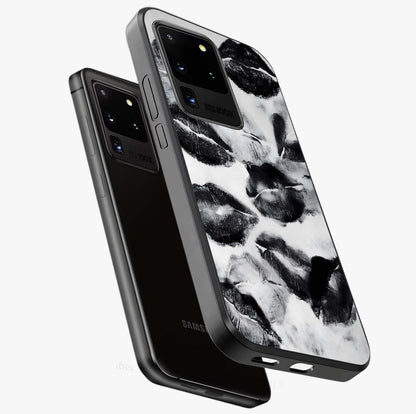 Midnight Kiss Marks Glass Case displayed in angled mockup highlighting playful romantic design with bold midnight aesthetic.