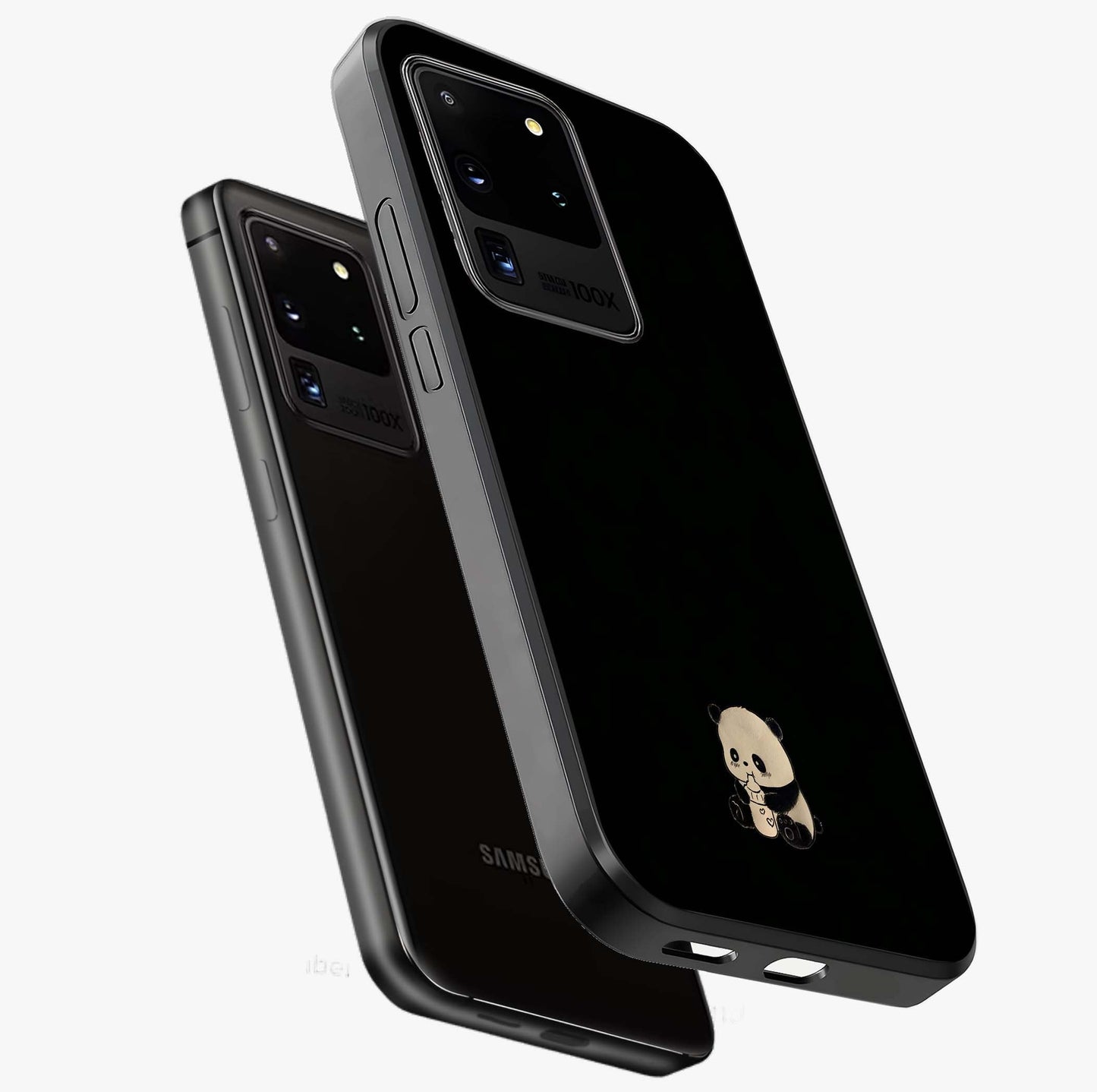 Midnight Panda Love Glass Case displayed in angled mockup highlighting adorable panda illustration with midnight aesthetic.