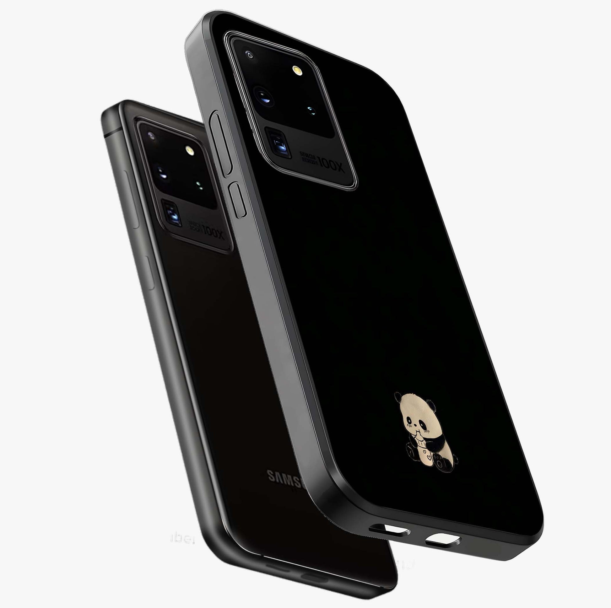 Midnight Panda Love Glass Case displayed in angled mockup highlighting adorable panda illustration with midnight aesthetic.