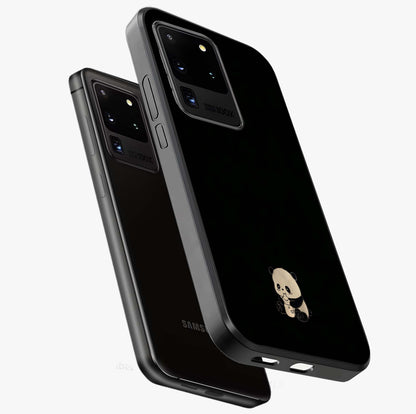 Midnight Panda Love Glass Case displayed in angled mockup highlighting adorable panda illustration with midnight aesthetic.