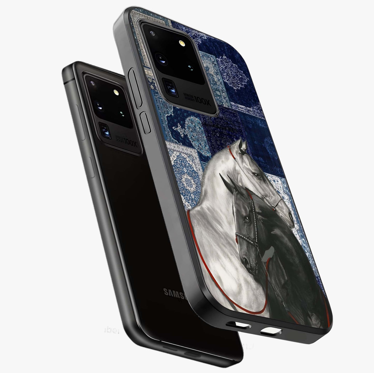 Midnight Stallion Blues Glass Case displayed in angled mockup highlighting powerful stallion illustration with deep midnight tones.