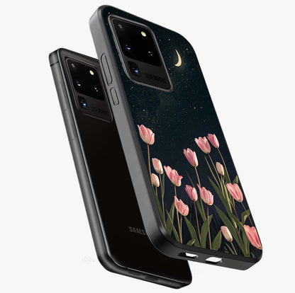 Midnight Tulip Whispers Vibe Glass Case displayed in angled mockup highlighting delicate tulip design with midnight floral aesthetic.