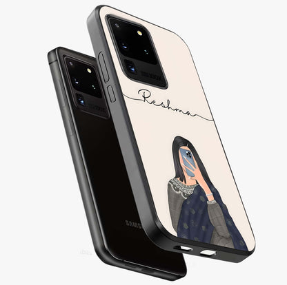 Mirror Mood Muse With Custom Name Glass Case displayed in angled mockup highlighting aesthetic mirror inspired design with custom name feature.