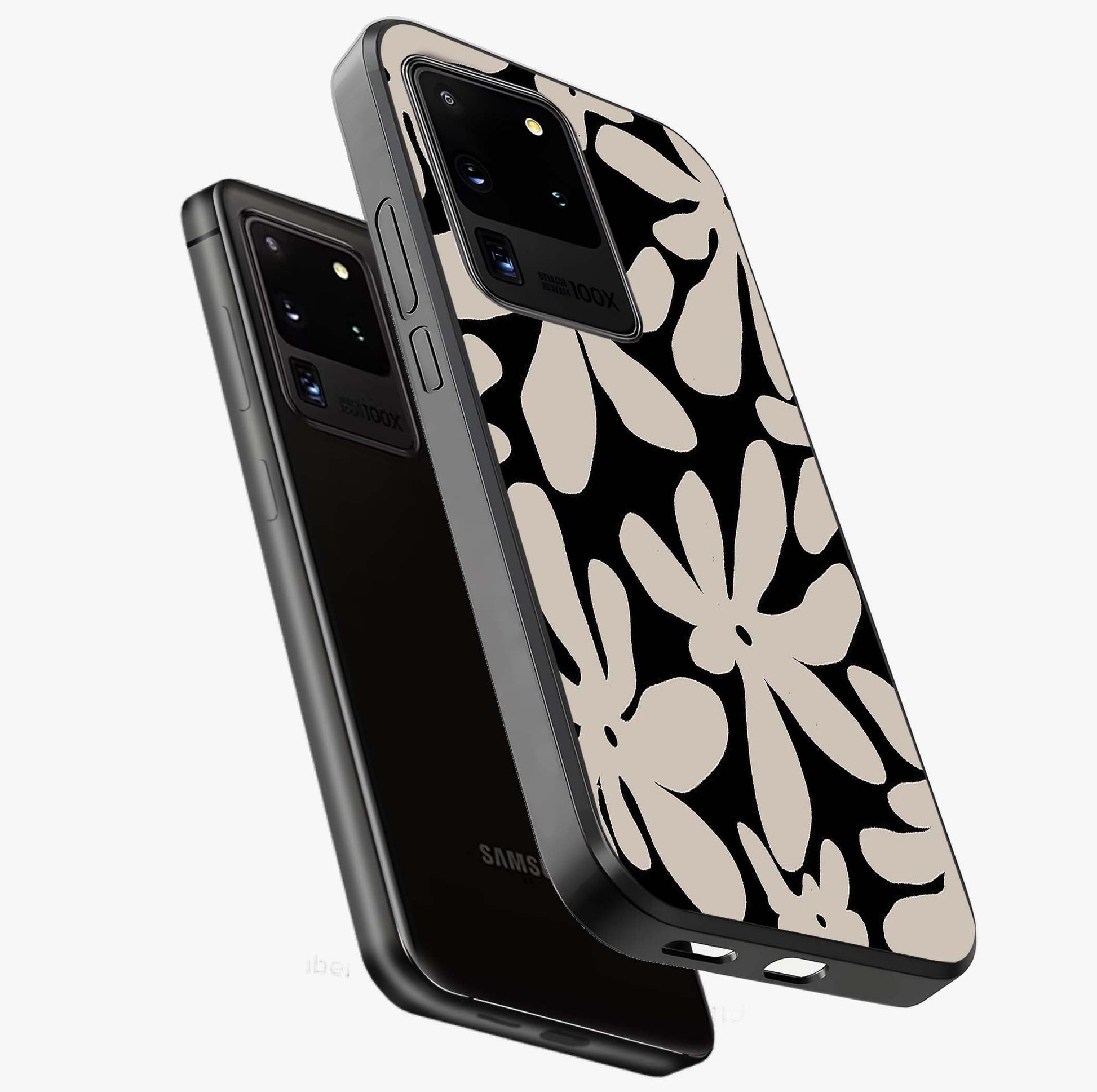 Monochrome Petal Dance Glass Case displayed in angled mockup highlighting elegant petal design with black and white aesthetic.