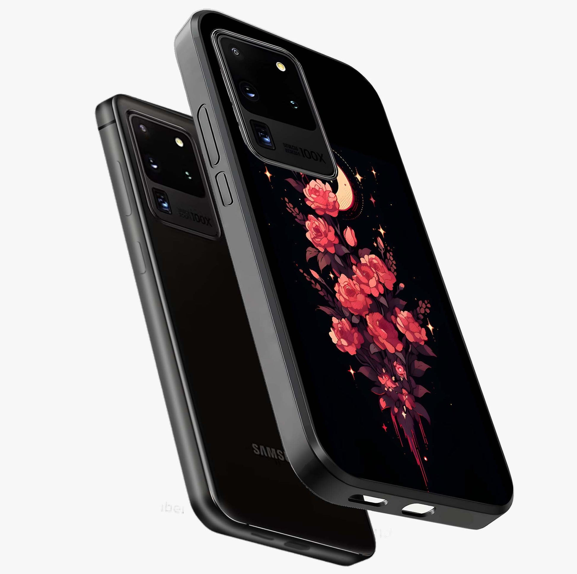 Moonlit Floral Elegance Glass Case displayed in angled mockup highlighting graceful flower design with soft moonlight aesthetic.