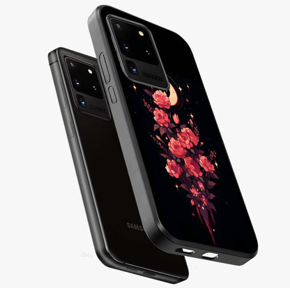 Moonlit Floral Elegance Glass Case displayed in angled mockup highlighting graceful flower design with soft moonlight aesthetic.