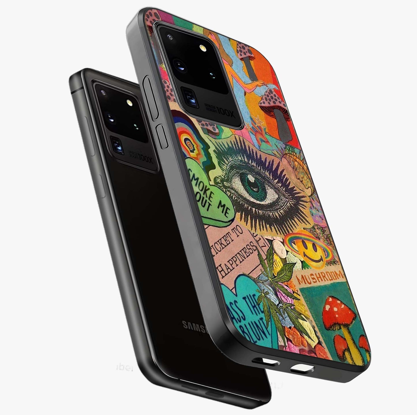 Mystic Eye Wonderland Glass Case displayed in angled mockup highlighting magical eye illustration with dreamy aesthetic.