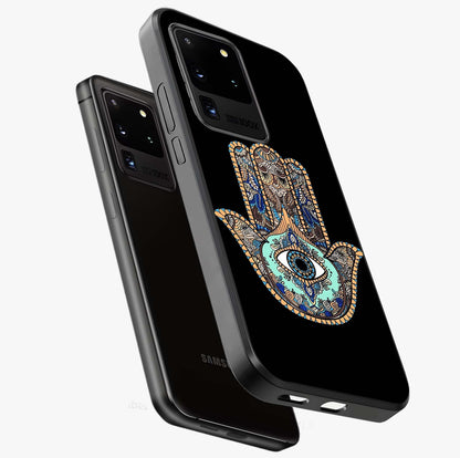 Mystic Hamsa Eye Glass Case displayed in angled mockup highlighting spiritual hamsa symbol with mystical aesthetic style.
