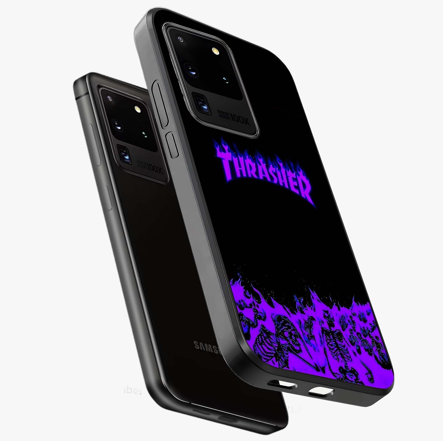 Neon Flame Riot Glass Case displayed in angled mockup highlighting glowing flame design with vibrant neon aesthetic.