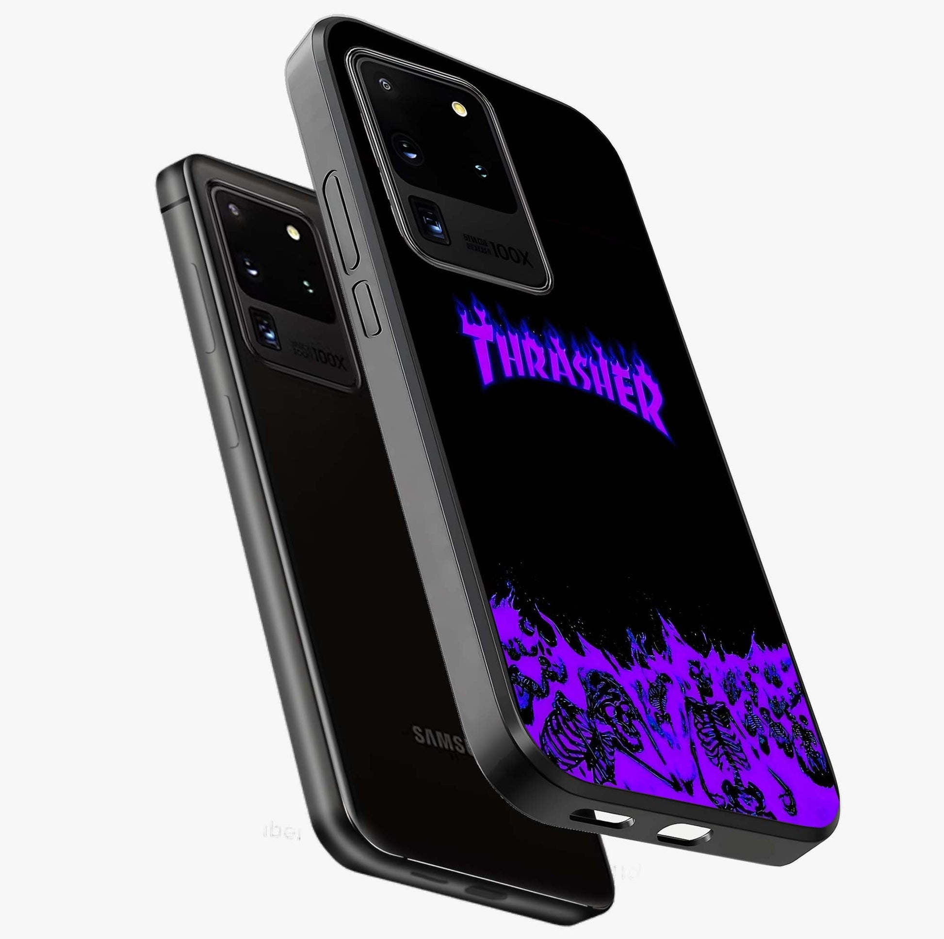 Neon Flame Riot Glass Case displayed in angled mockup highlighting glowing flame design with vibrant neon aesthetic.