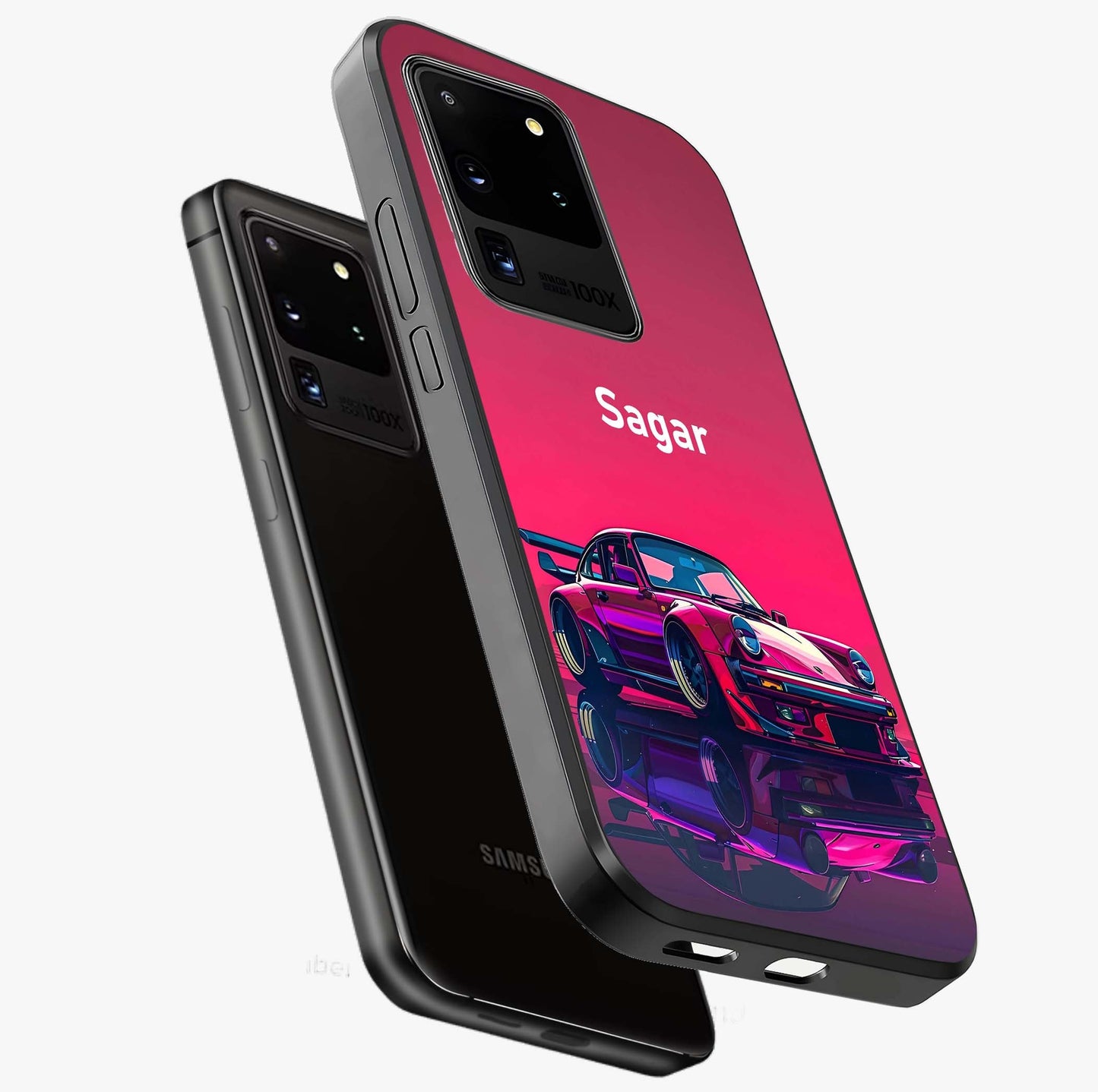 Neon Pink Porsche Glass Case displayed in angled mockup highlighting sleek neon pink car design with racing aesthetic.