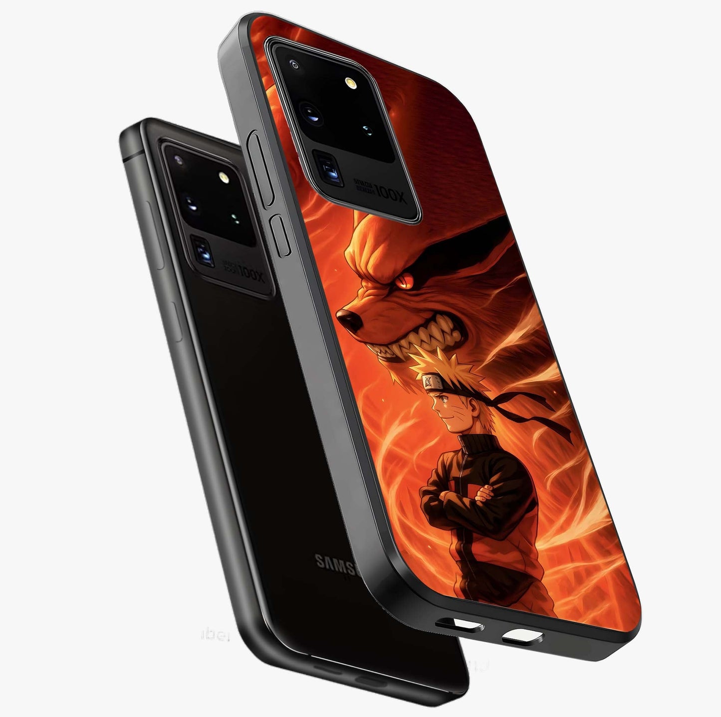Nine Tails Legacy Glass Case displayed in angled mockup highlighting dynamic anime beast illustration with bold mystical aesthetic.