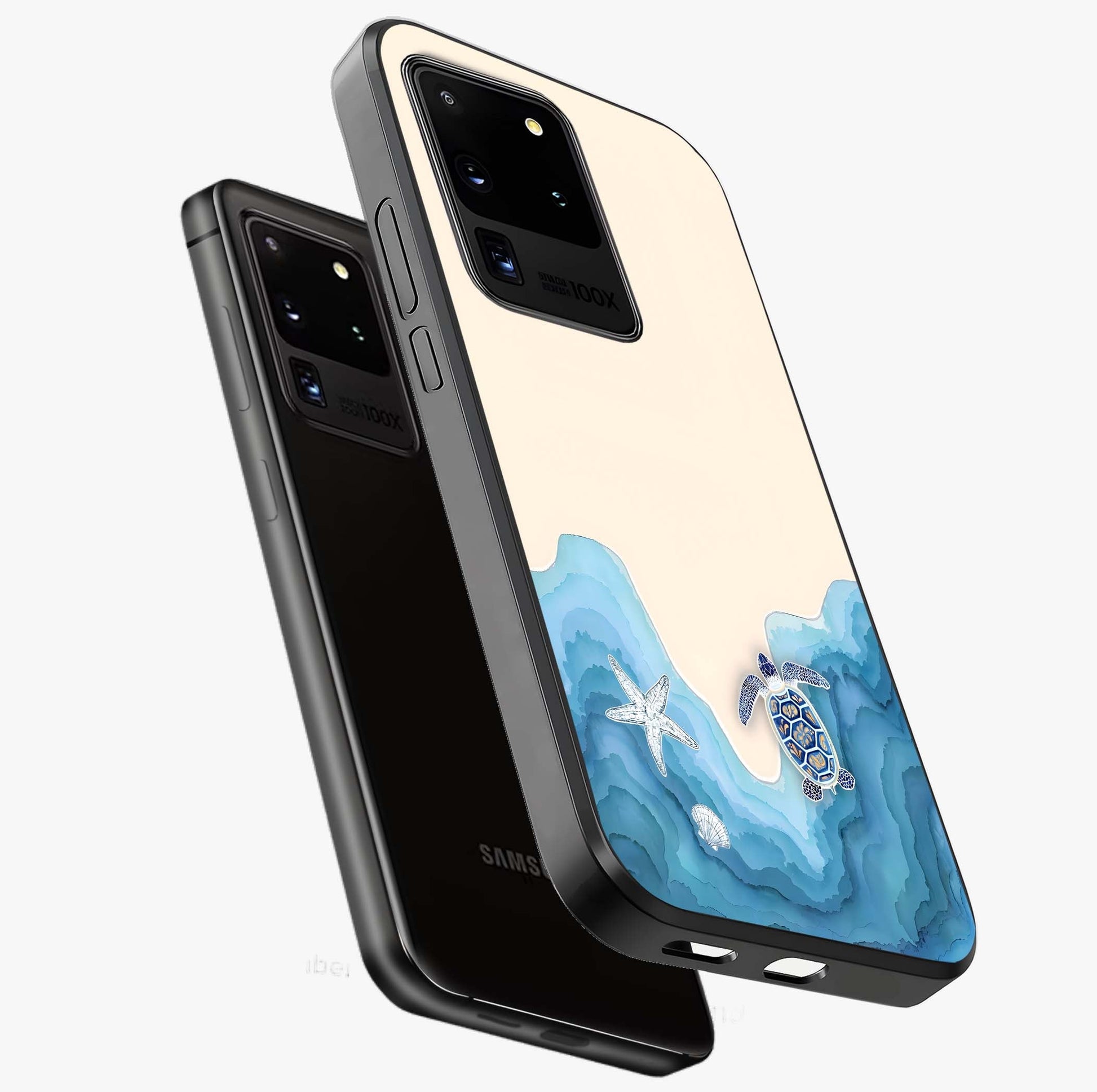 Ocean Drift Turtle Glass Case displayed in angled mockup highlighting peaceful ocean turtle illustration with marine aesthetic.