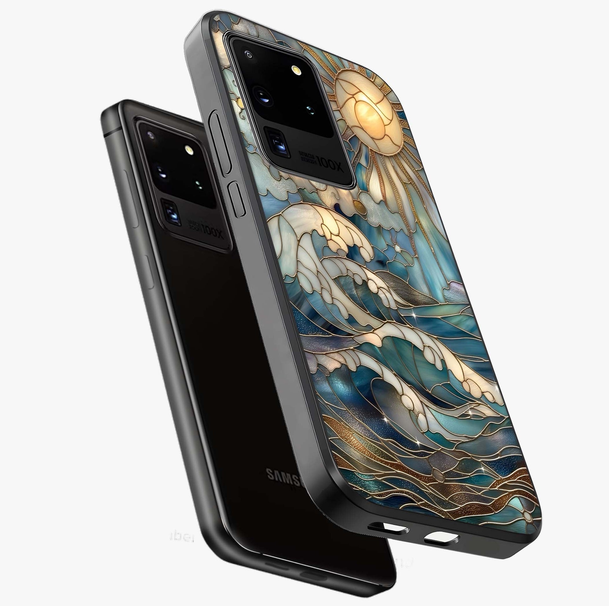 Oceanic Stained Printed Glass Case displayed in angled mockup highlighting colorful aquatic design with artistic aesthetic style.