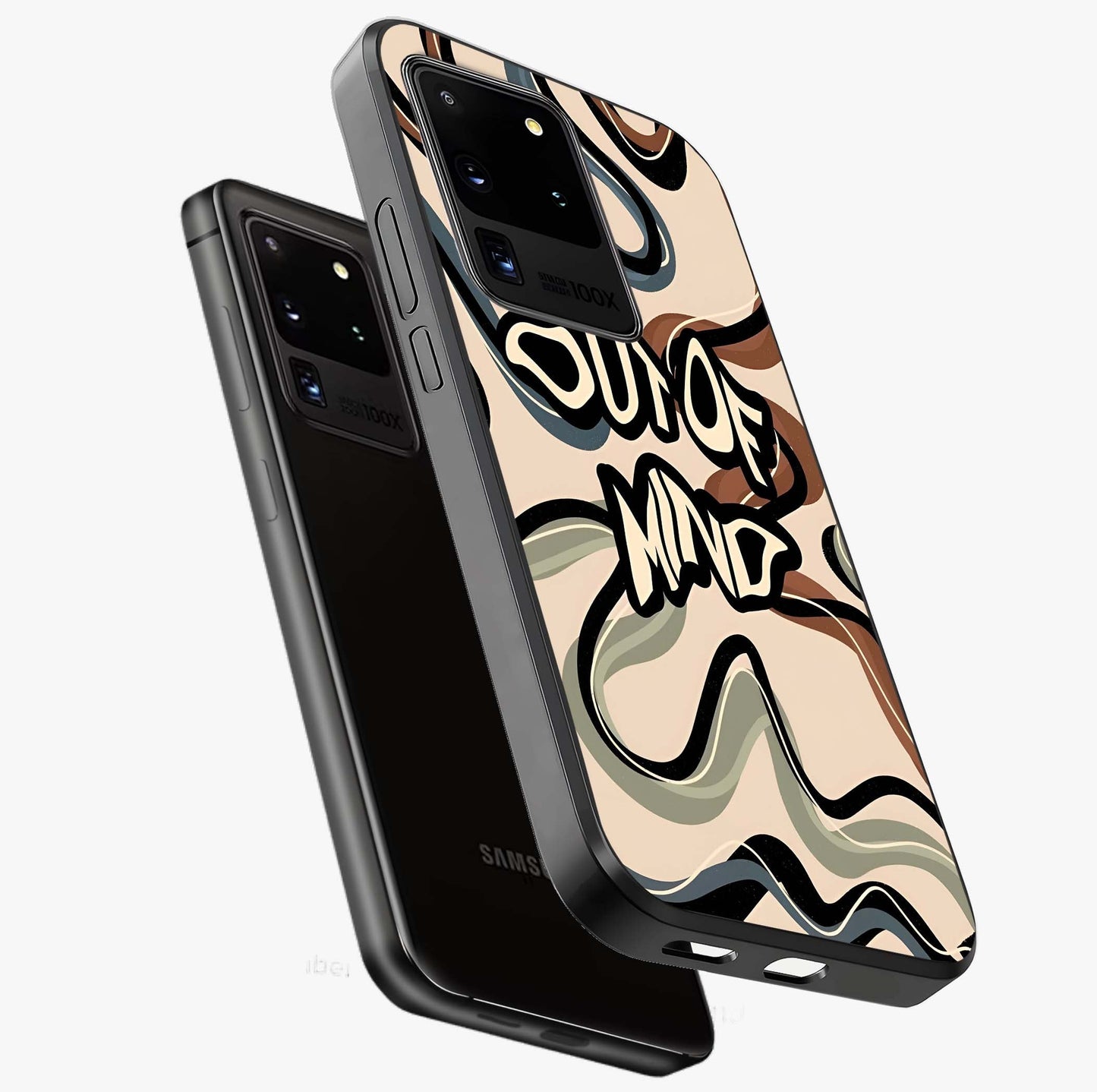 Out Of Mind Glass Case displayed in angled mockup highlighting bold statement design with modern artistic aesthetic.