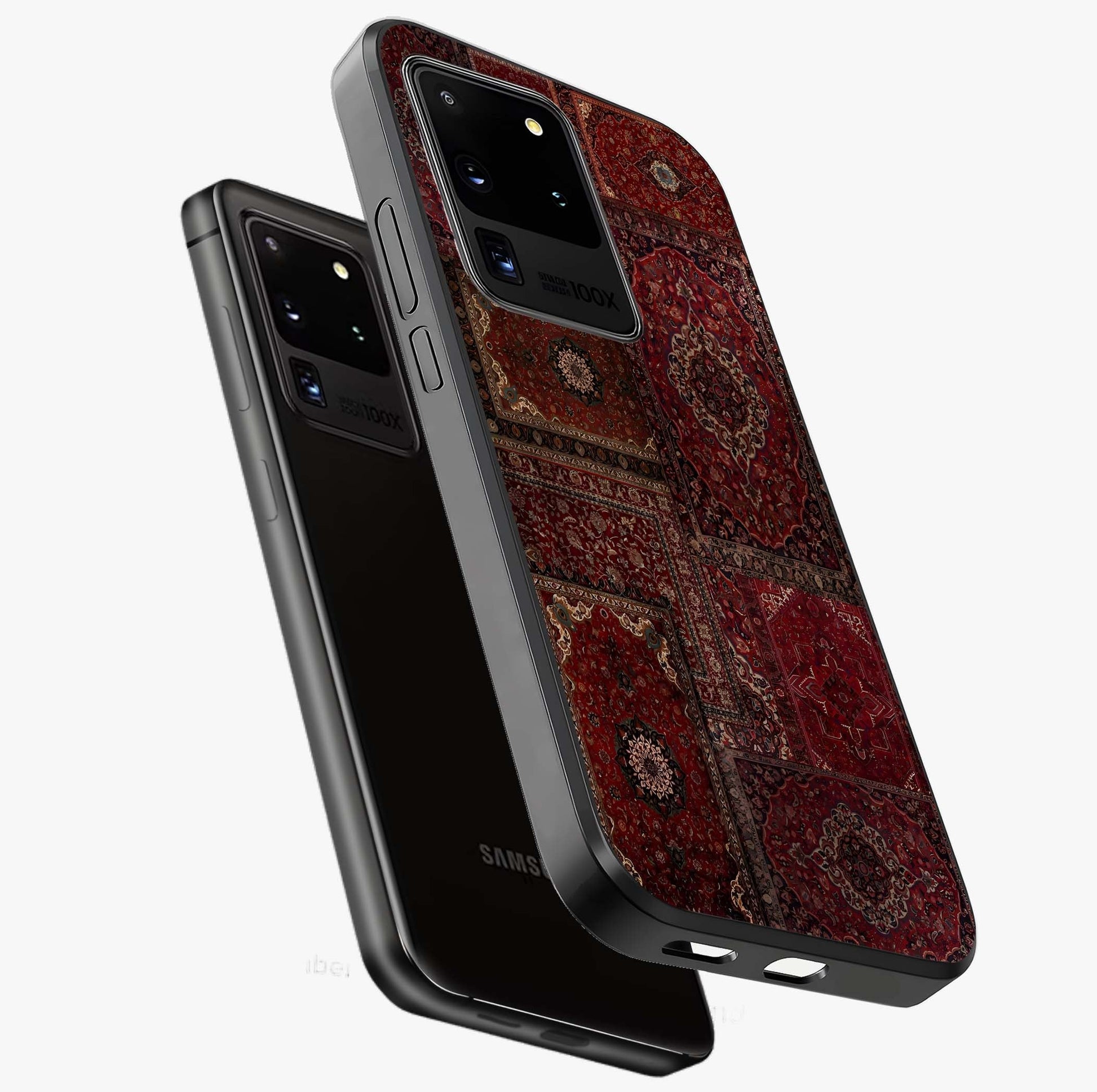 Persian Velvet Tale Glass Case displayed in angled mockup highlighting ornate textile inspired design with royal aesthetic.