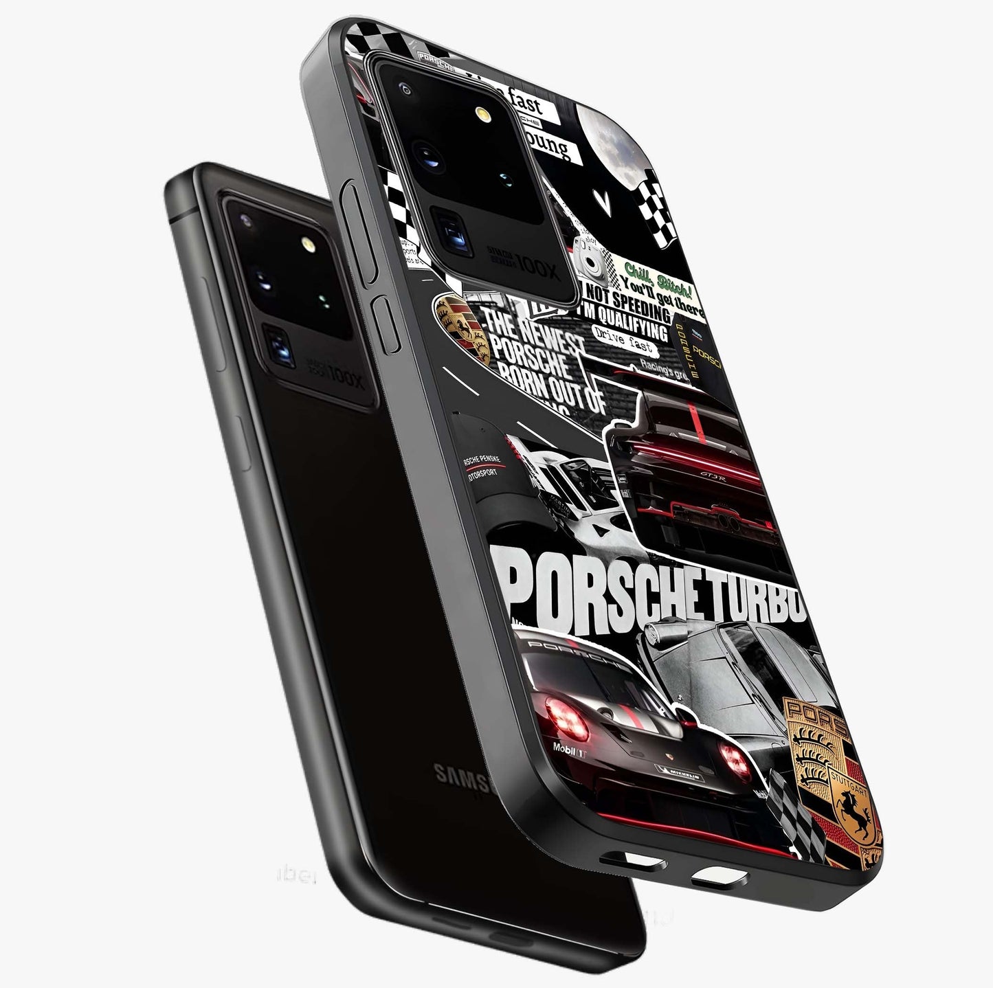 Porsche Racing Collage Glass Case displayed in angled mockup highlighting dynamic automotive design with bold racing aesthetic.