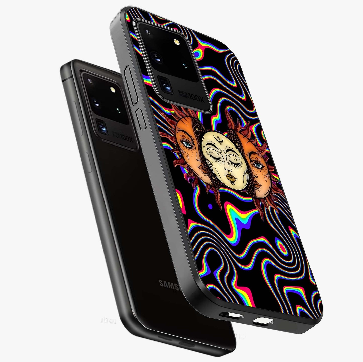 Psychedelic Sun Glass Case displayed in angled mockup highlighting vibrant abstract sun design with artistic aesthetic style.