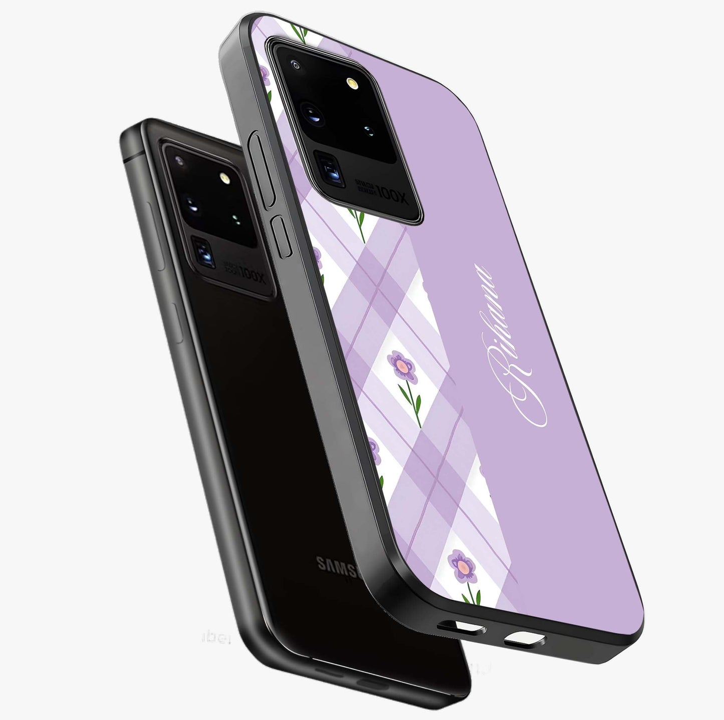 Purple Diamond Floral Glass Case displayed in angled mockup highlighting elegant purple flower design with decorative pattern.