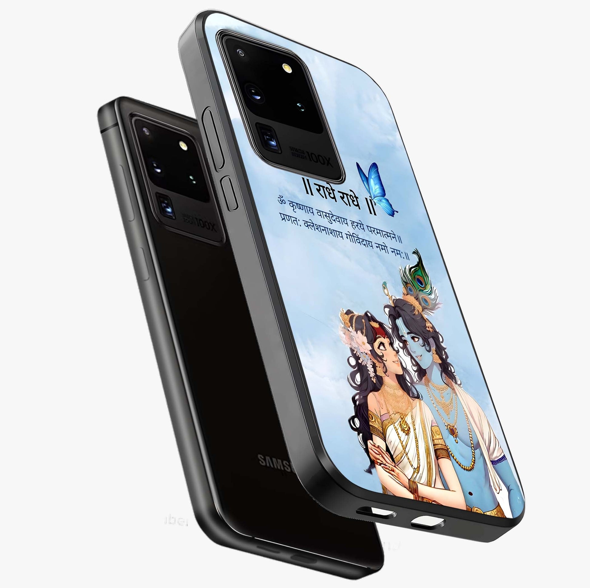 Radha Krishna Eternal Glass Case displayed in angled mockup highlighting divine Radha Krishna illustration with spiritual aesthetic.