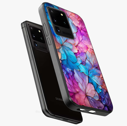 Radiant Floral Whirl Glass Case displayed in angled mockup highlighting vibrant flower pattern with dynamic artistic aesthetic.