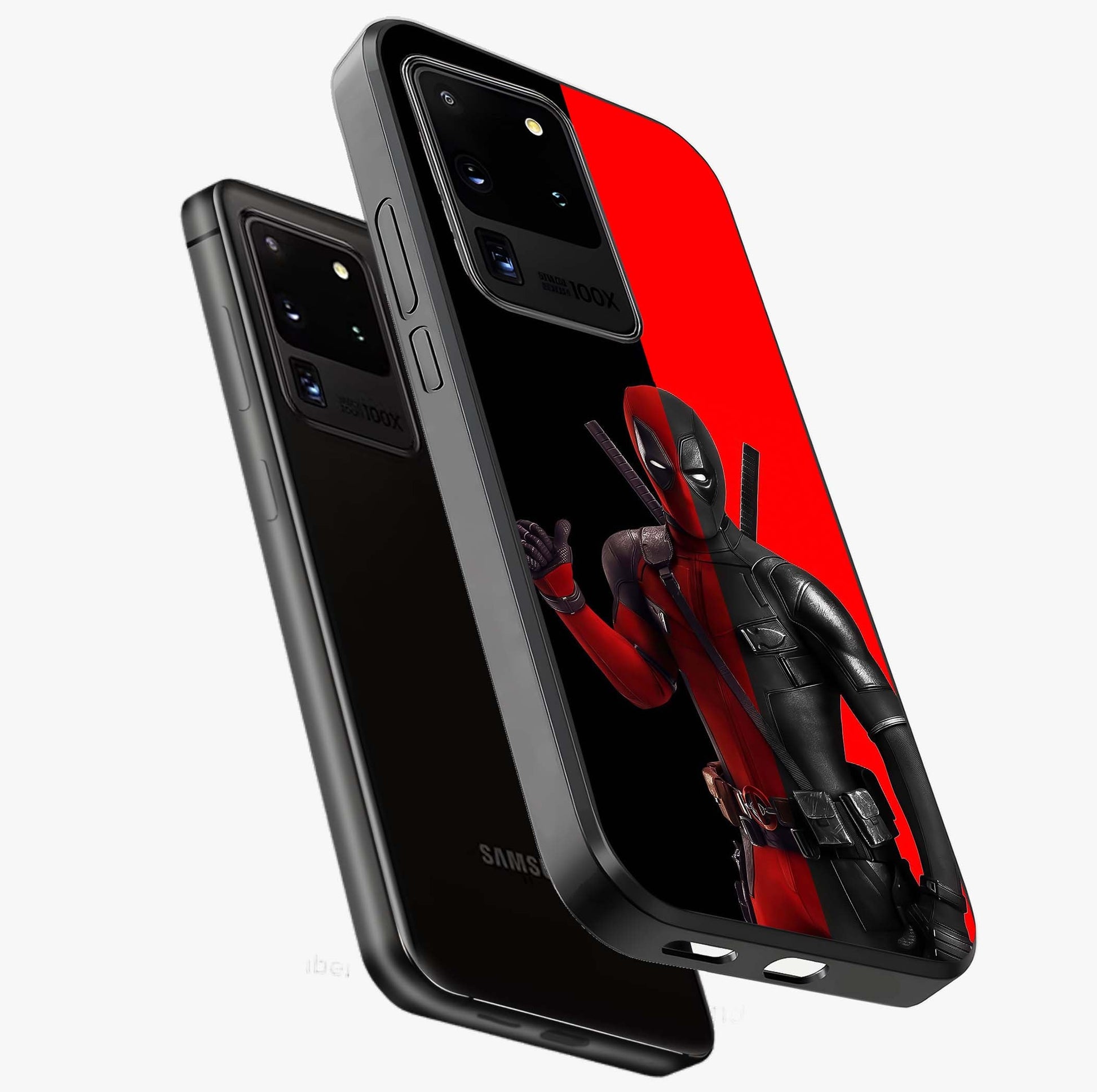 Red & Black Deadpool Theme Glass Case displayed in angled mockup highlighting vibrant superhero style illustration with action aesthetic.