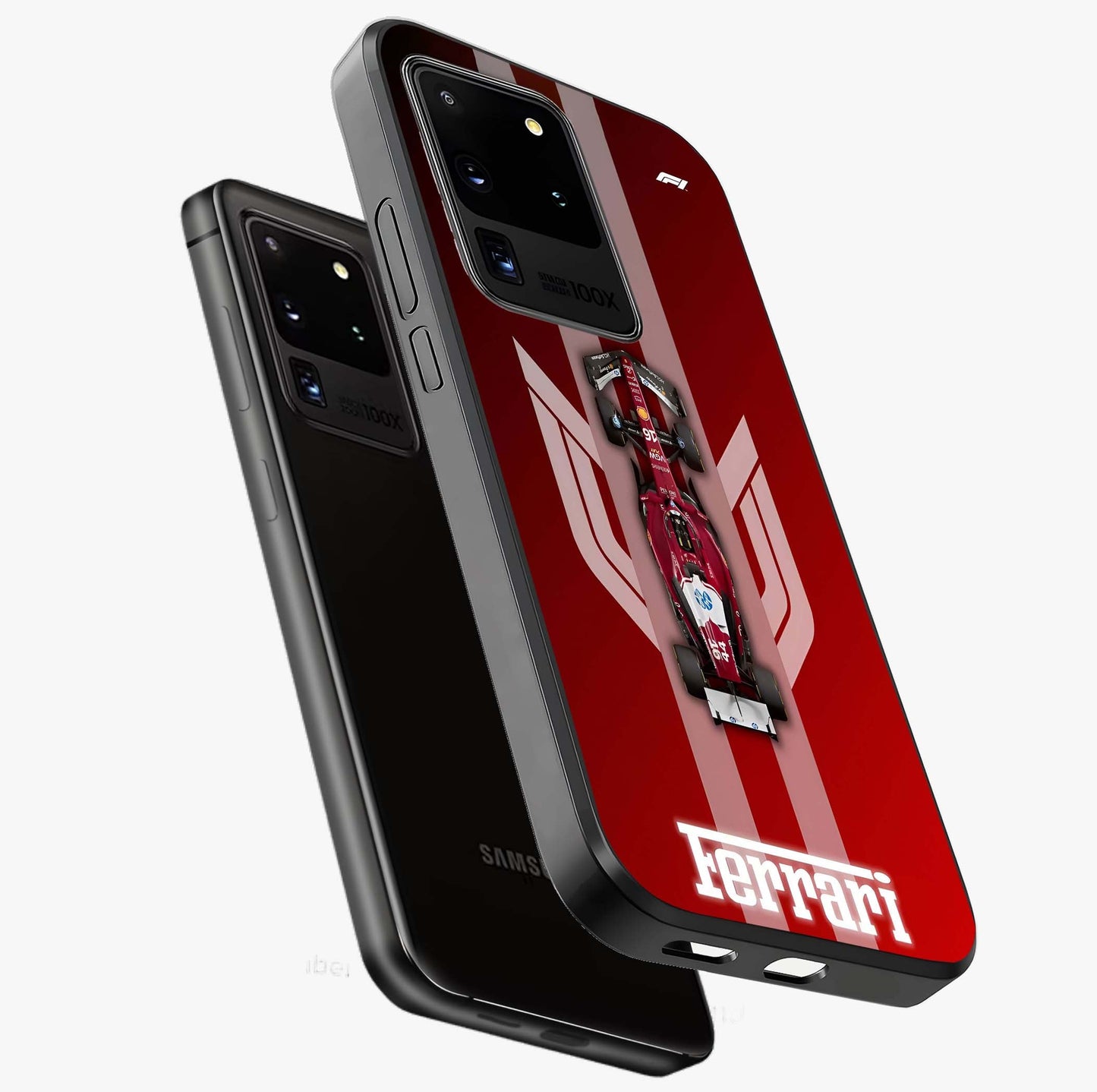 Red Ferrari F1 Vertical Glass Case displayed in angled mockup highlighting high speed racing design with bold automotive aesthetic.