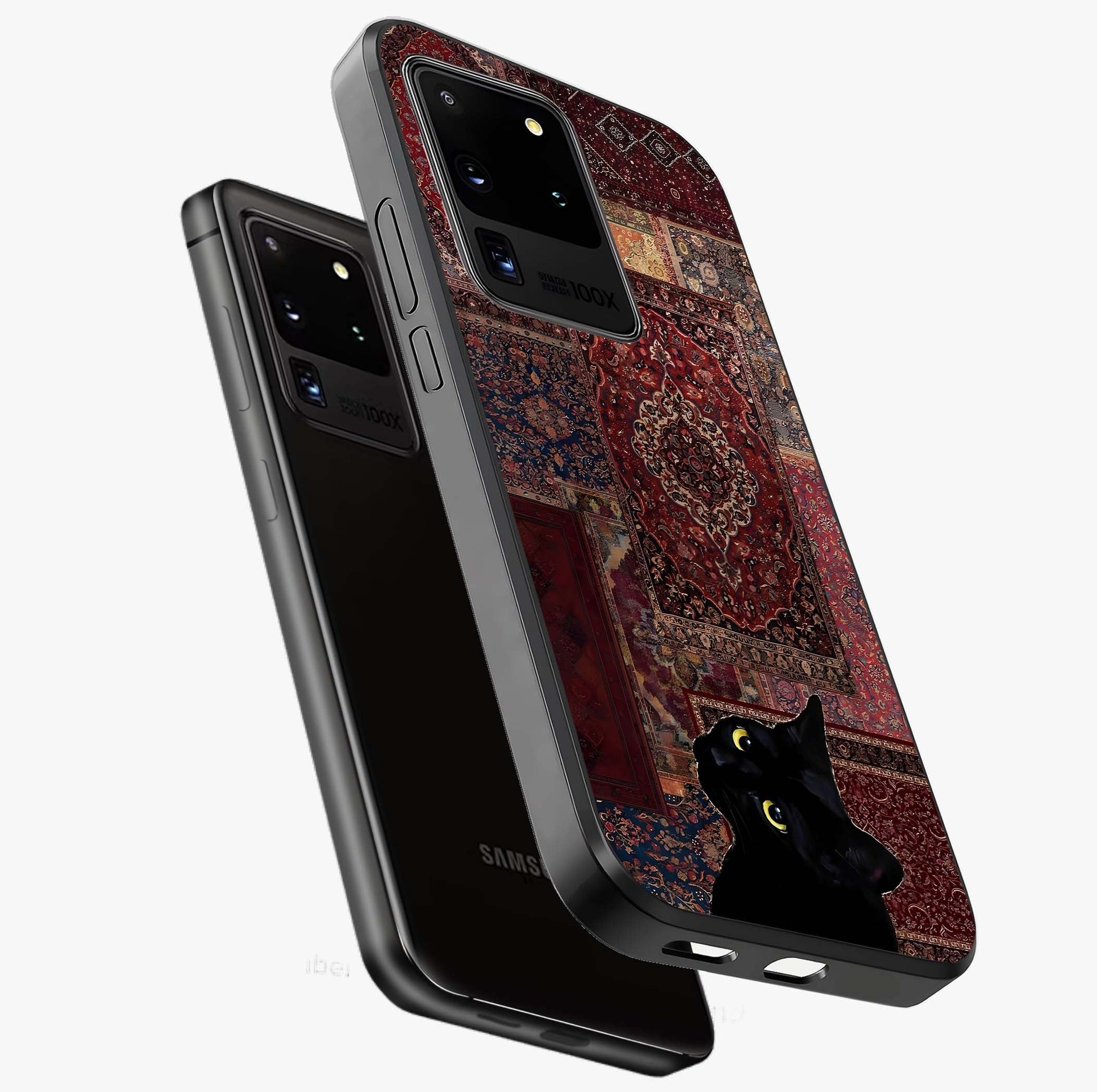 Regal Magic Cat Apple Glass Case displayed in angled mockup highlighting whimsical feline design with fantasy aesthetic.