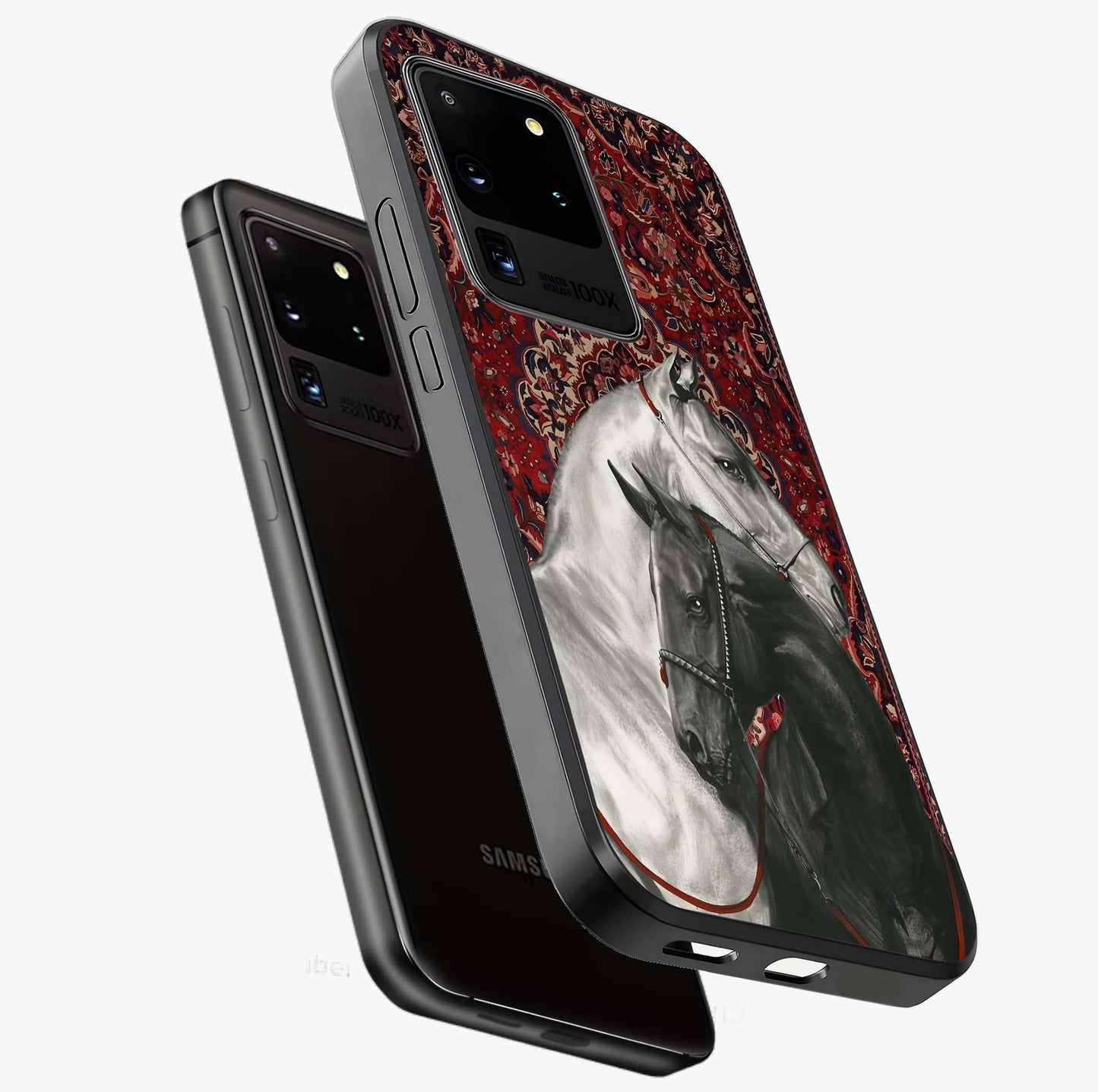 Regal Stallion Tapestry Glass Case displayed in angled mockup highlighting royal stallion design with decorative heritage aesthetic.