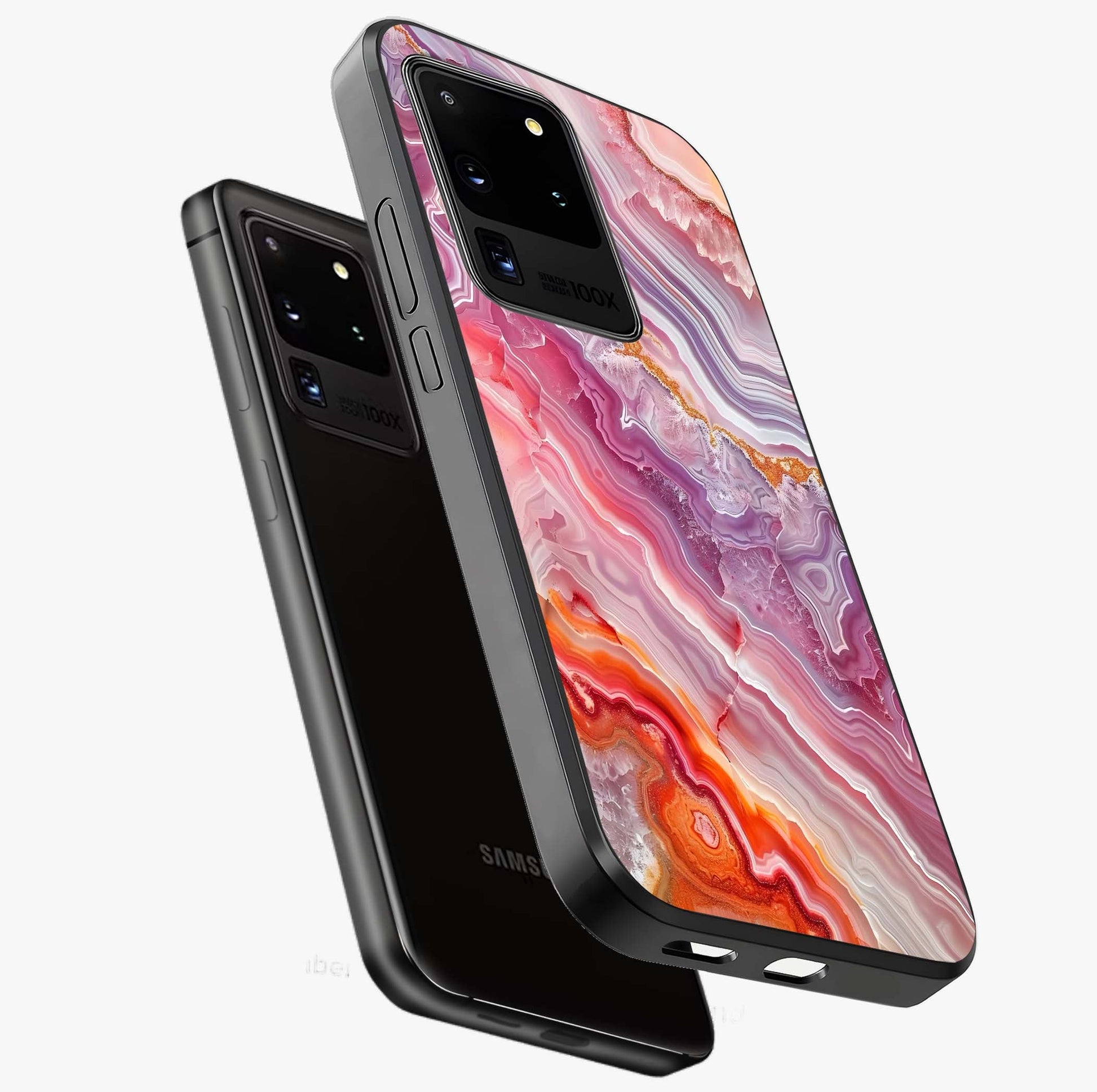 Rose Quartz Marble Glass Case displayed in angled mockup highlighting elegant marble pattern with soft aesthetic style.