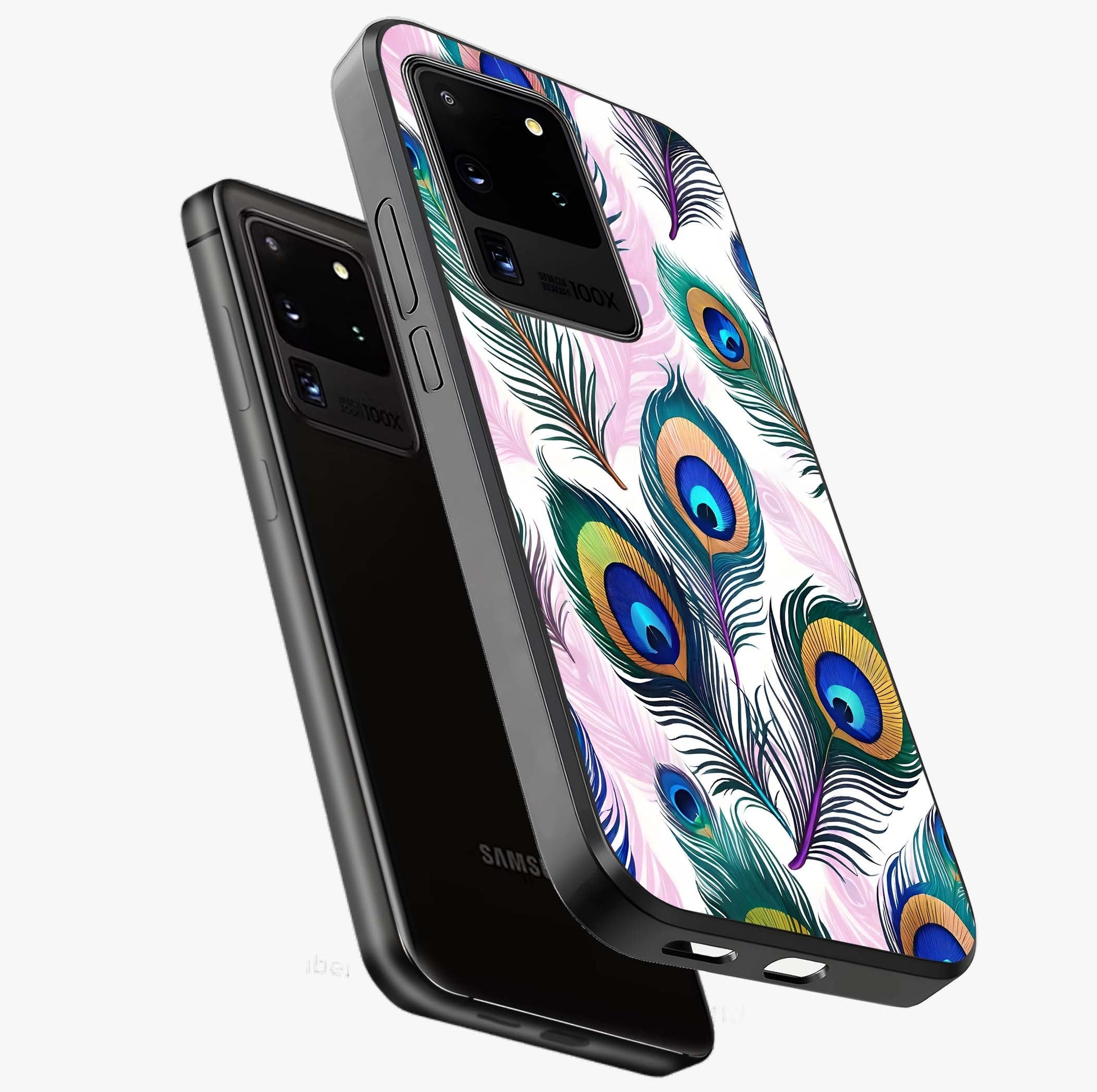 Royal Peacock Feathers Glass Case displayed in angled mockup highlighting vibrant feather pattern with regal aesthetic style.