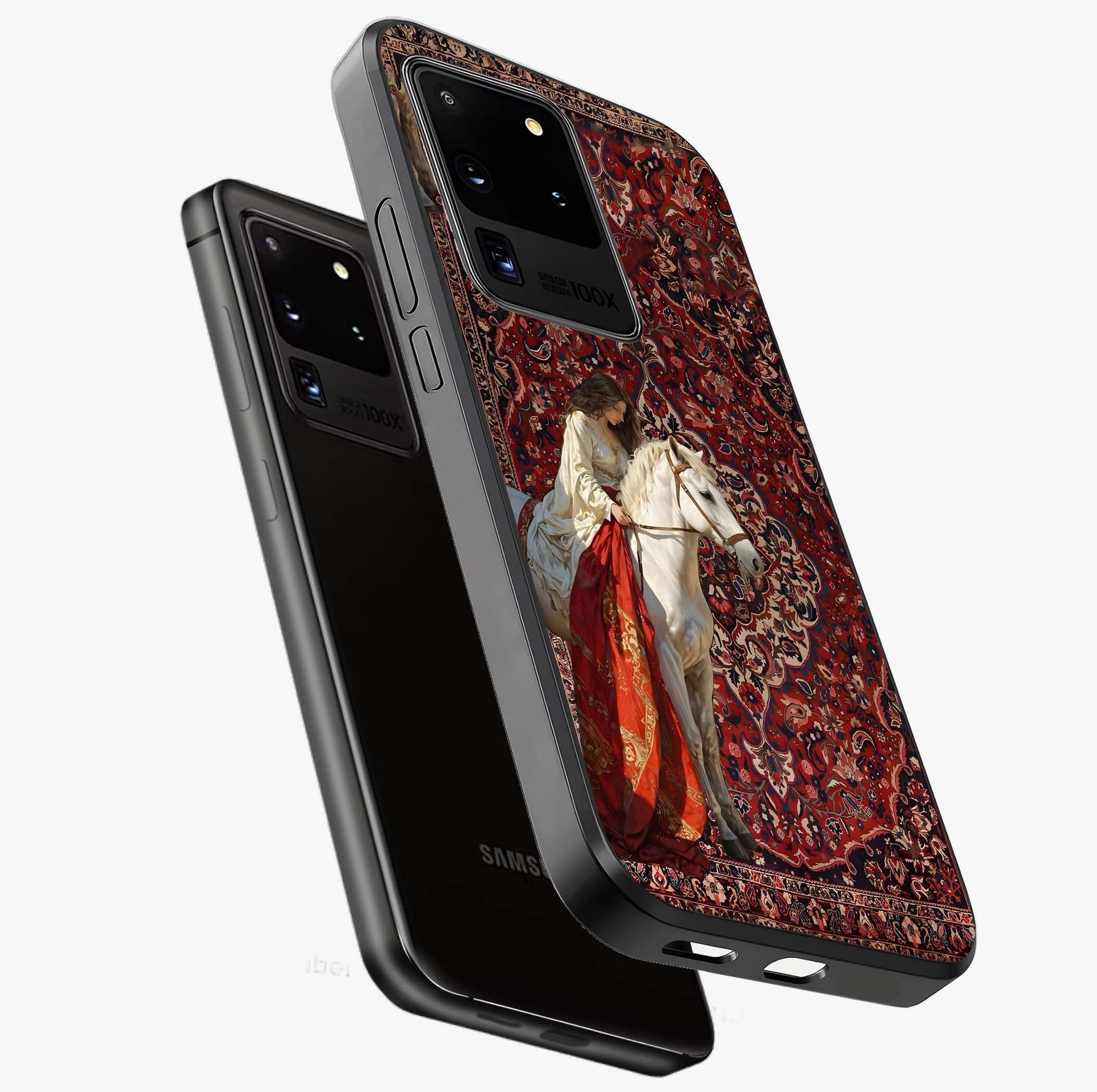 Royal Rider Tapestry Glass Case displayed in angled mockup highlighting traditional tapestry design with royal heritage aesthetic.