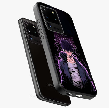 Shadow Monarch Awakening Glass Case displayed in angled mockup highlighting dramatic shadow warrior design with fantasy aesthetic.
