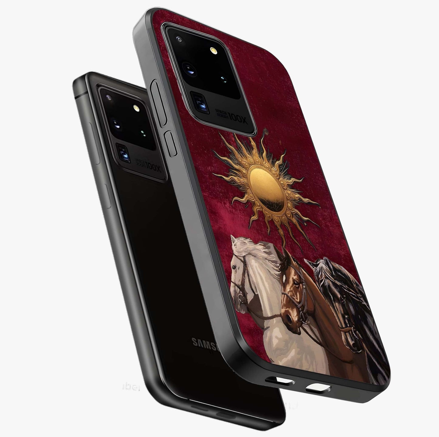 Solar Riders Glass Case displayed in angled mockup highlighting powerful rider illustration with radiant solar aesthetic.