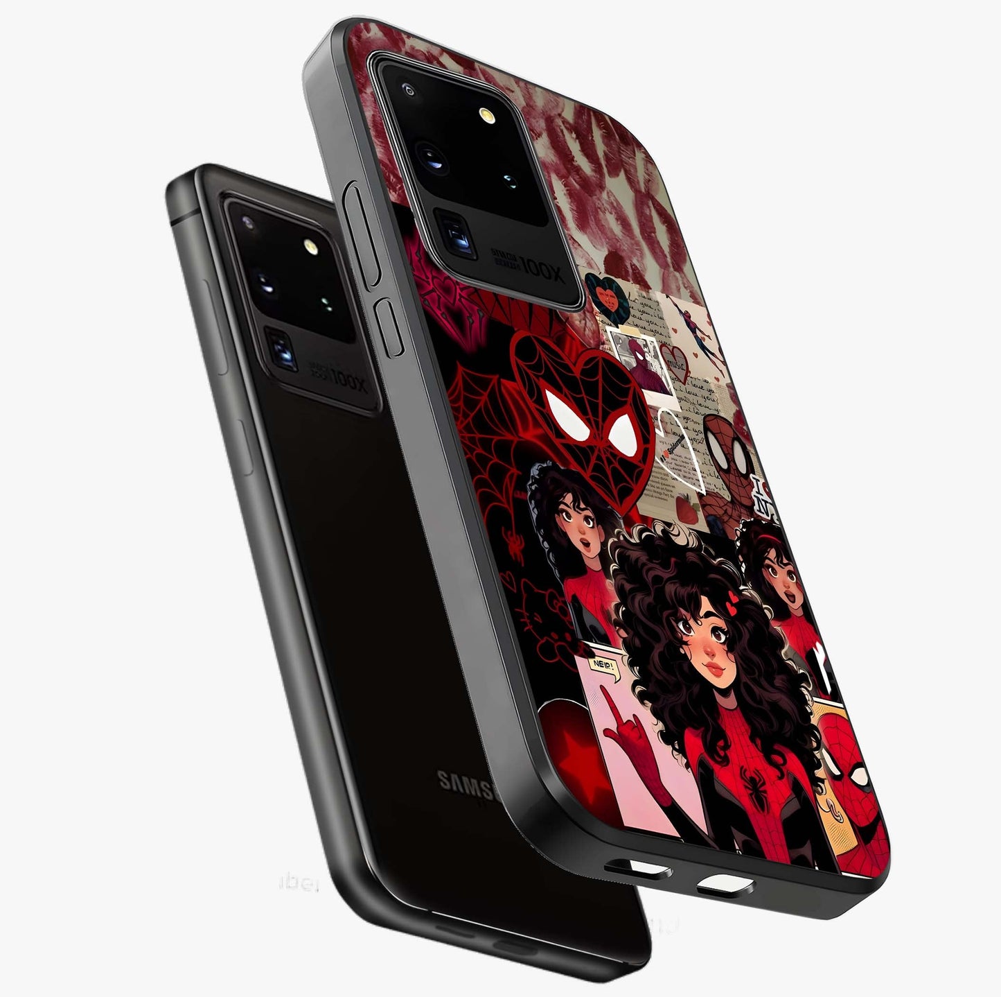 Spider Love Story Glass Case displayed in angled mockup highlighting expressive comic inspired design with playful aesthetic.