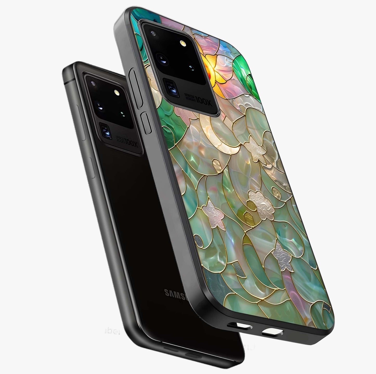 Stained Sunrise Glow Glass Case displayed in angled mockup highlighting radiant sunrise design with artistic aesthetic style.