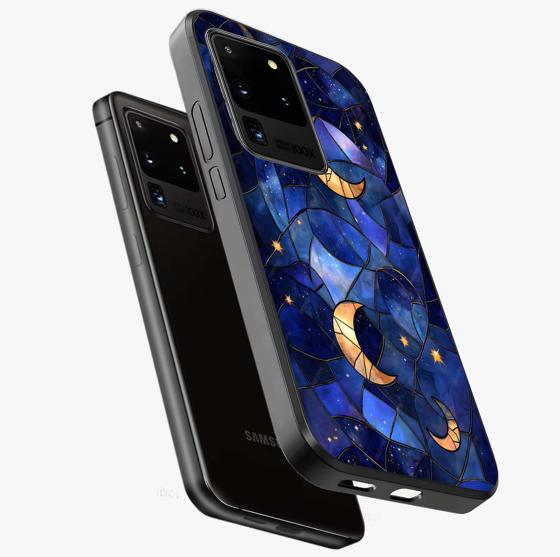 Starlit Sky Tapestry Glass Case displayed in angled mockup highlighting celestial night pattern with artistic aesthetic style.