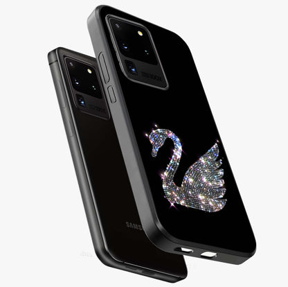 Starlit Swan Grace Glass Case displayed in angled mockup highlighting elegant swan illustration with dreamy celestial aesthetic.