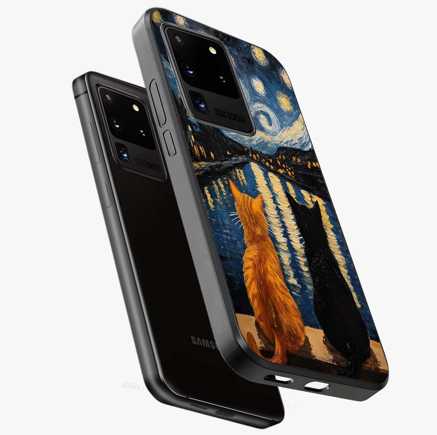 Starry River Cats Glass Case displayed in angled mockup highlighting charming feline illustration with dreamy night aesthetic.