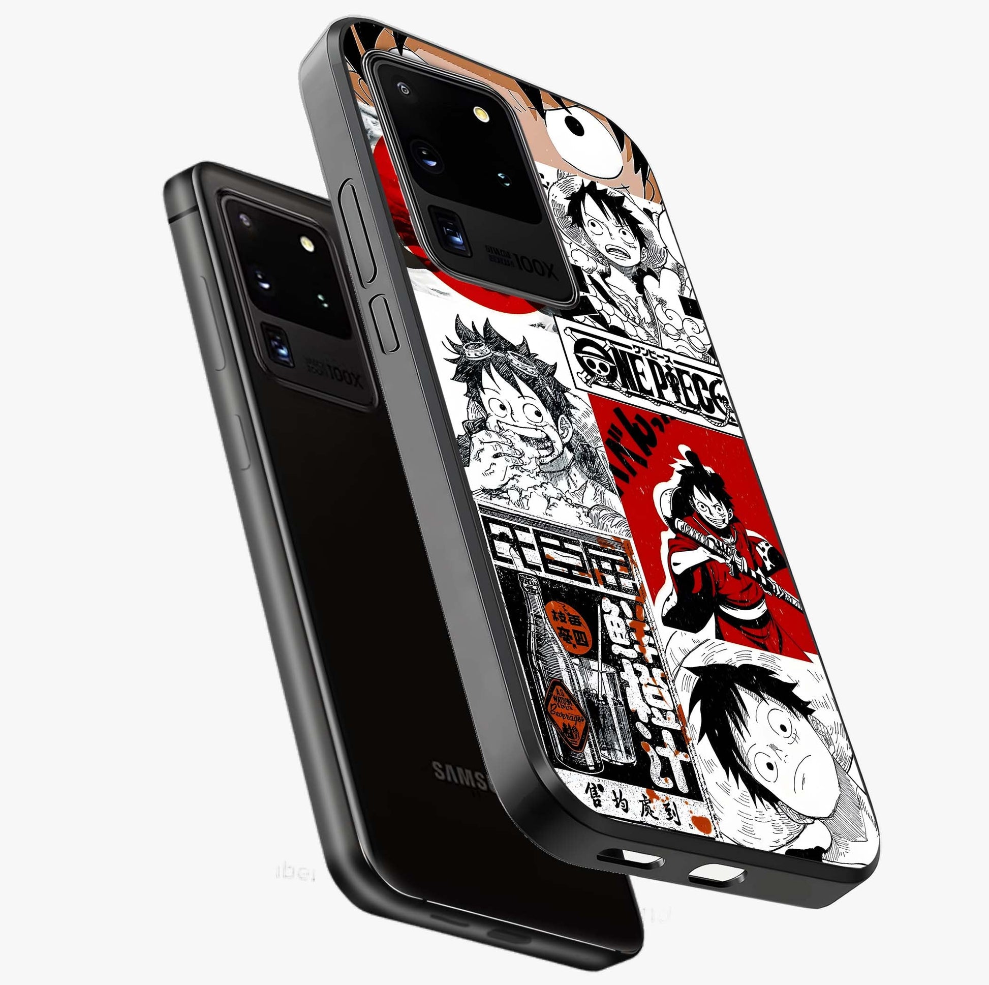 Strawhat Chaos Panels Glass Case displayed in angled mockup highlighting vibrant anime collage design with action aesthetic.